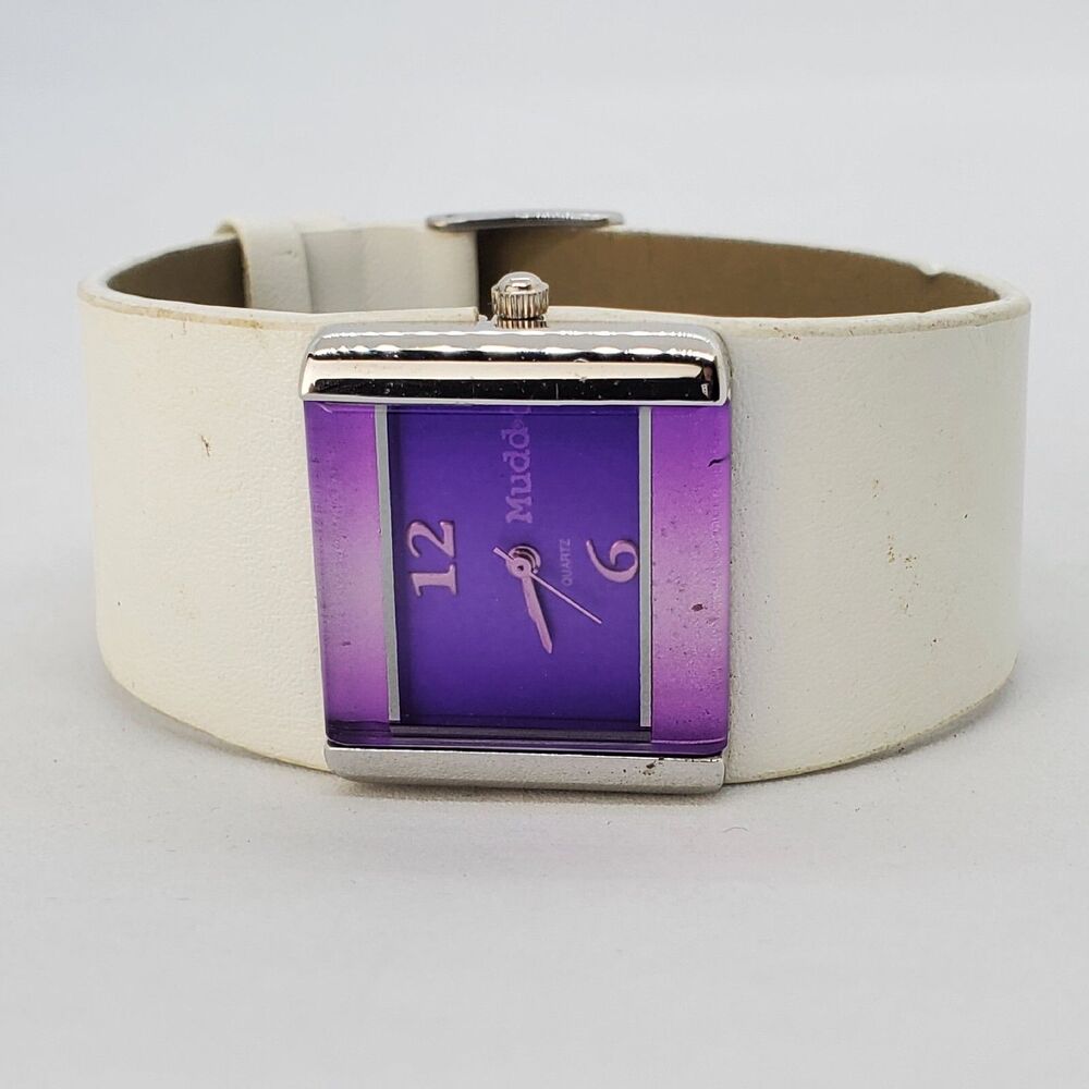 Mudd Women's‎ Watch 30MM Gray Tone Purple Dial White Leather Band New Battery